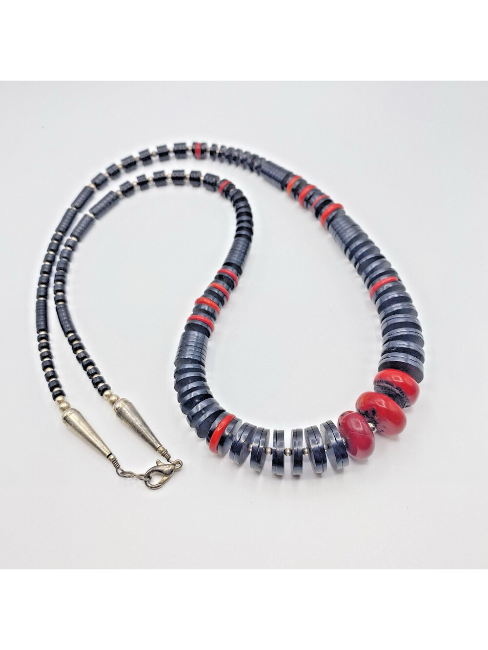 Vintage Long Graduated Red & Black Necklace Plastic Discs in Silver-Tone Accents